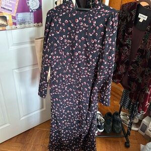 Black Long-Sleeve Floral Maxi Dress with Pink Accent